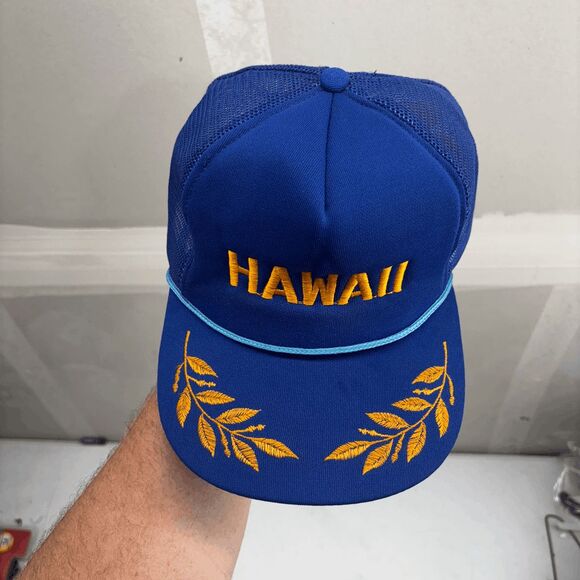 Vtg Hawaii Rope Hat Snapback Blue Trucker Cap Foam Mesh Gold Leaf Scrambled Eggs - Picture 2 of 9